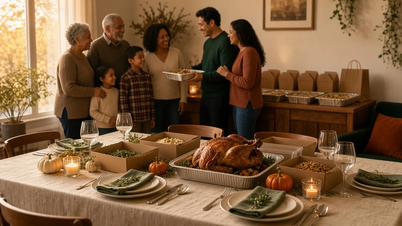 A Latino family of three generations gathers by a set Thanksgiving table with a roast turkey in a foil tray and sides in takeout boxes, while a dad carries another foil tray from a sideboard lined with to-go boxes and catering trays.