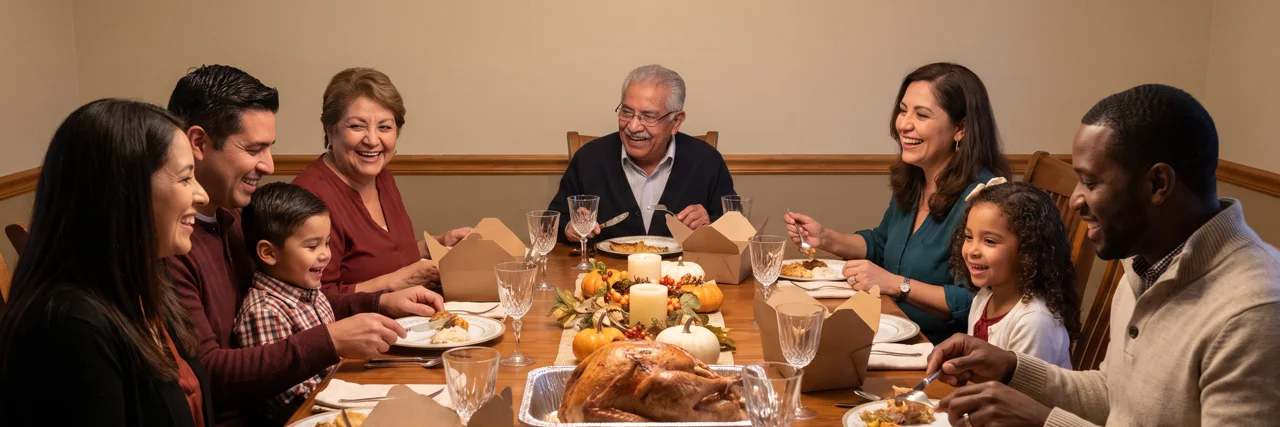 Three generations of a Latino family, with their Black son-in-law, laugh around a Thanksgiving table set with plates of food, takeout boxes and a roast turkey in a foil tray.